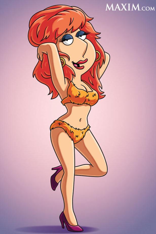 Lois Griffin posiert in einem Fellbikini und lila High Heels für Maxim.com.