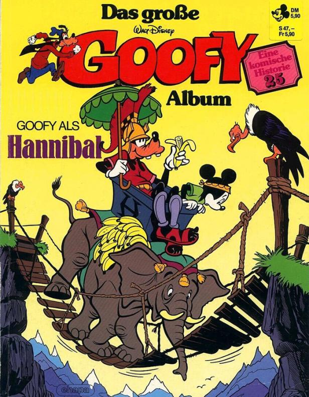 Das Cover des „Goofy Album“ zeigt Goofy als Hannibal mit Mickey Maus auf einem Elefanten.
