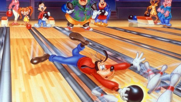 Goofy rutscht auf einer Bowlingbahn aus und wirft eine Bowlingkugel.