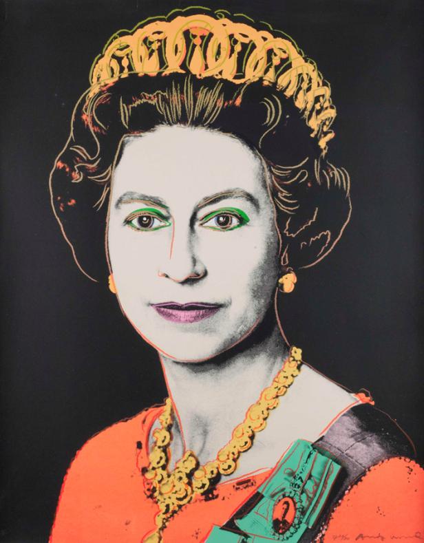 Ein Pop-Art-Porträt von Königin Elizabeth II. mit Krone und Schmuck.