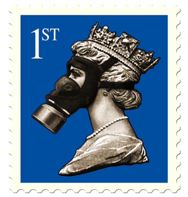 Eine stilisierte Briefmarke zeigt Königin Elisabeth II. mit Gasmaske und Krone.