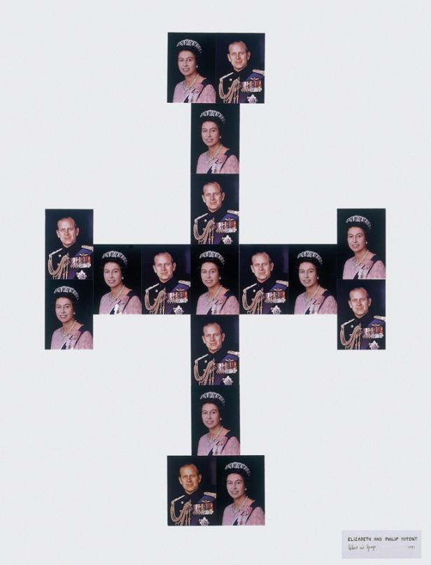 Eine Collage von Porträts von Königin Elizabeth II. und Prinz Philip, die in Form eines Kreuzes angeordnet sind.