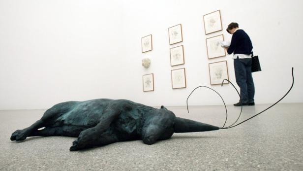 Ein Besucher betrachtet eine liegende Tierplastik in einer Kunstausstellung.