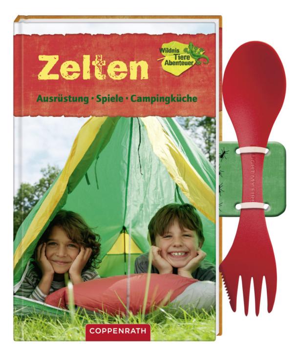 Das Cover des Buches „Zelten“ zeigt zwei Kinder in einem Zelt und Campingausrüstung.