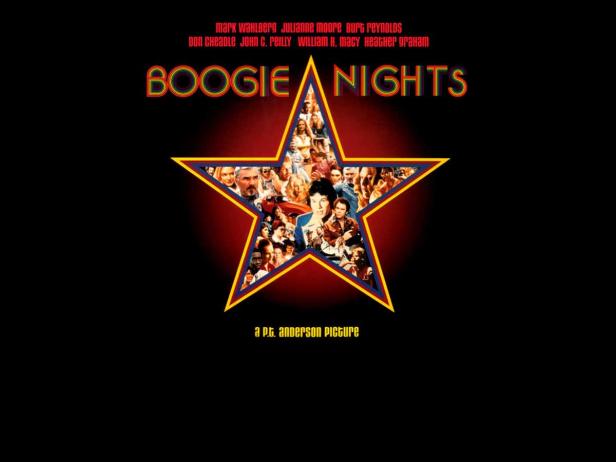 Das Filmplakat für „Boogie Nights“ zeigt eine goldene Stern-Silhouette gefüllt mit den Darstellern.