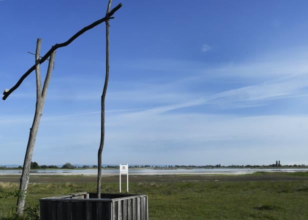 Ein hölzerner Brunnen im Nationalpark Neusiedler See-Seewinkel.
