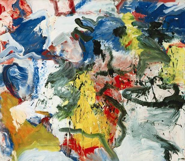 Ein abstraktes Gemälde mit blauen, gelben, roten und grünen Farbtönen.