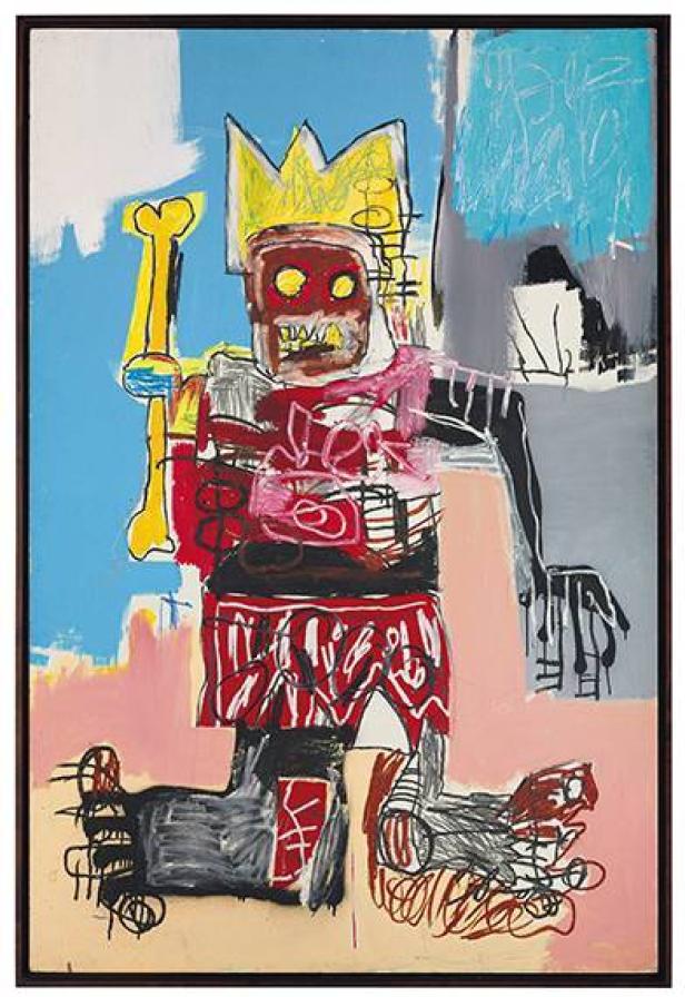 Ein Gemälde im Stil von Jean-Michel Basquiat zeigt eine gekrönte Figur mit einem Knochen in der Hand.