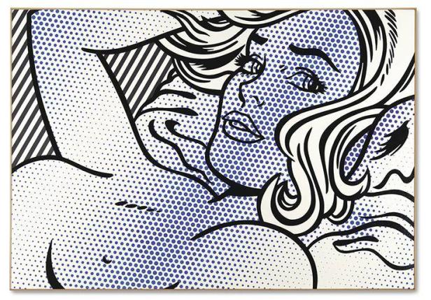 Ein Pop-Art-Gemälde im Stil von Roy Lichtenstein zeigt eine schlafende Frau.