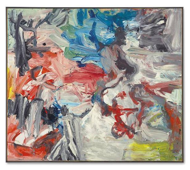 Ein abstraktes Gemälde mit roten, blauen, weißen und grauen Farbtönen.