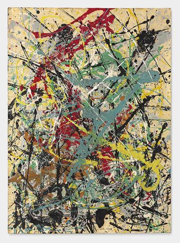 Ein abstraktes Gemälde mit Farbspritzern in Rot, Gelb, Grün, Schwarz und Weiß auf beigem Grund.