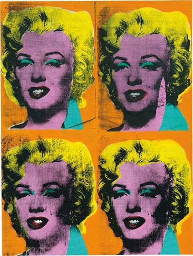 Ein Pop-Art-Porträt von Marilyn Monroe, vervielfacht in vier Feldern.
