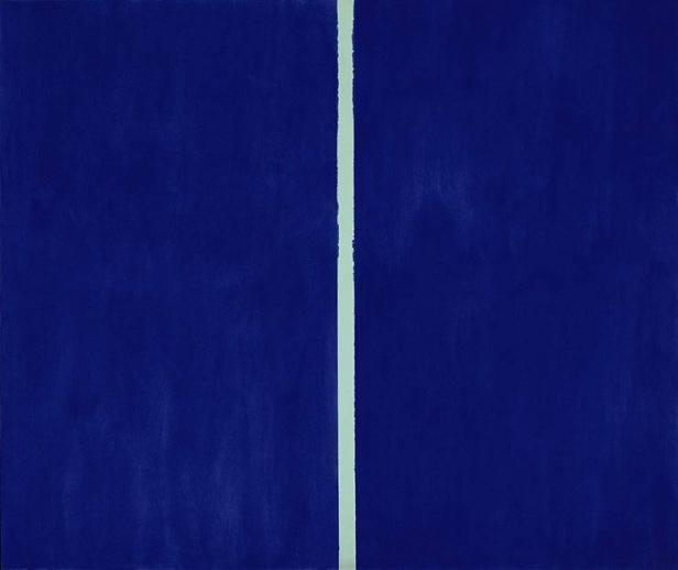 Ein abstraktes Gemälde mit einer vertikalen, hellgrünen Linie auf blauem Grund.