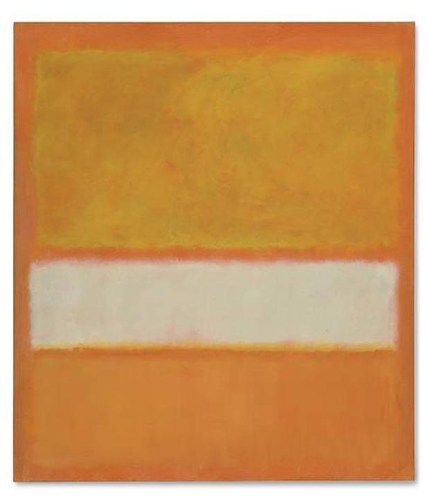 Ein abstraktes Gemälde mit horizontalen Farbblöcken in Orange, Gelb und Weiß.