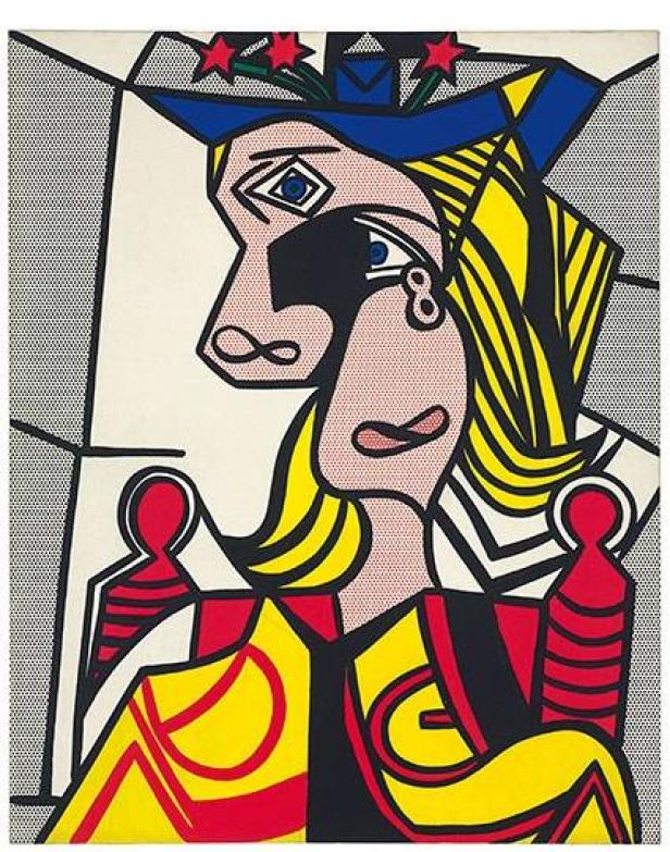 Das Gemälde „Femme d’Alger“ von Roy Lichtenstein zeigt eine stilisierte Frau mit Hut in Pop-Art-Manier.