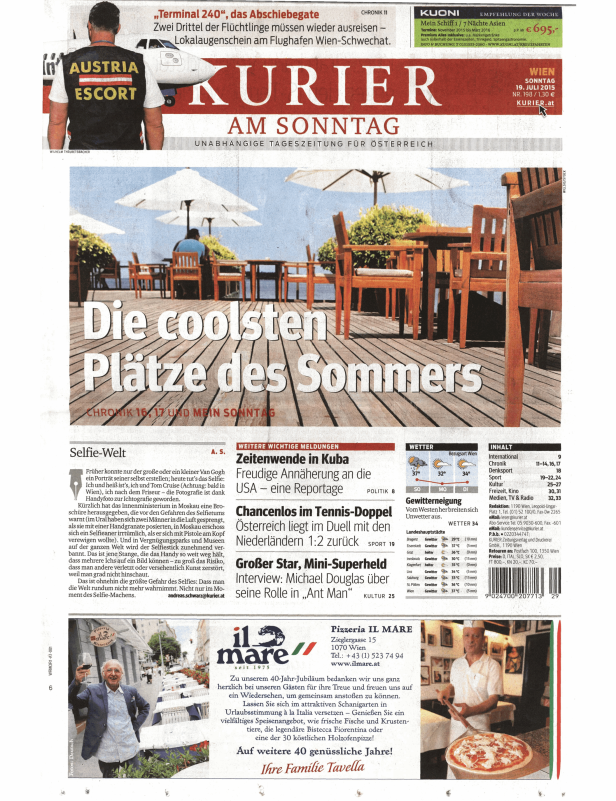 Titelseite des Kurier am Sonntag, 19. Juli 2015, mit Artikeln über Kuba, Tennis und Michael Douglas.