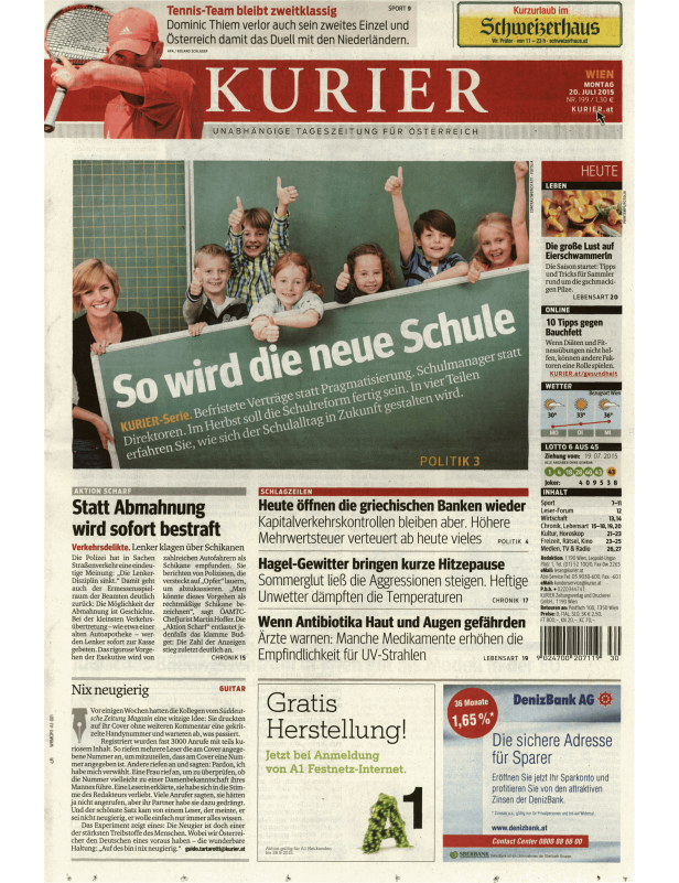 Titelseite der Zeitung „Kurier“ vom 20. Juli 2015 mit verschiedenen Artikeln und Anzeigen.