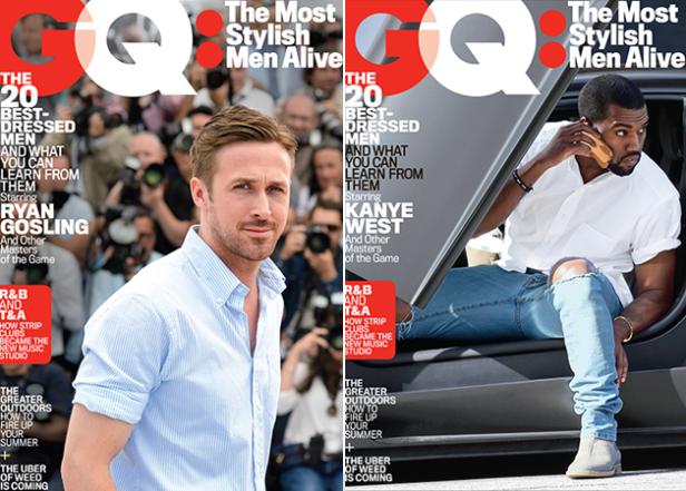 Zwei GQ-Cover mit Ryan Gosling bzw. Kanye West, die als „The Most Stylish Men Alive“ angekündigt werden.