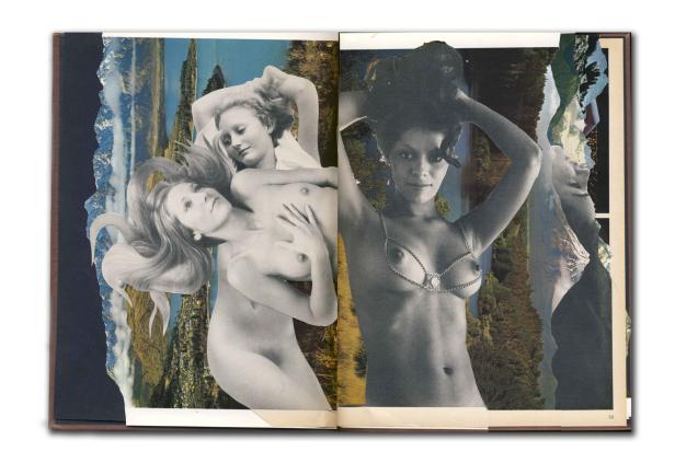Eine Collage mit zwei Frauenfiguren vor einer Landschaft.