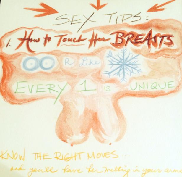 Eine handgezeichnete Infografik mit dem Titel „Sex Tipps: 1. Wie man ihre Brüste berührt“.