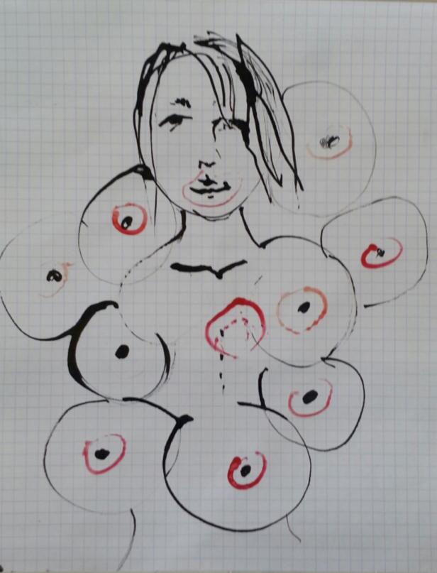 Eine Tuschezeichnung einer Frau, umgeben von Kreisen auf kariertem Papier.