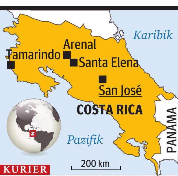 Eine Karte von Costa Rica mit den Städten Tamarindo, Arenal, Santa Elena und San José.
