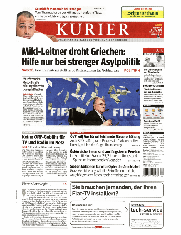 Titelseite des Kurier vom 21. Juli 2015 mit verschiedenen Artikeln und Nachrichten.
