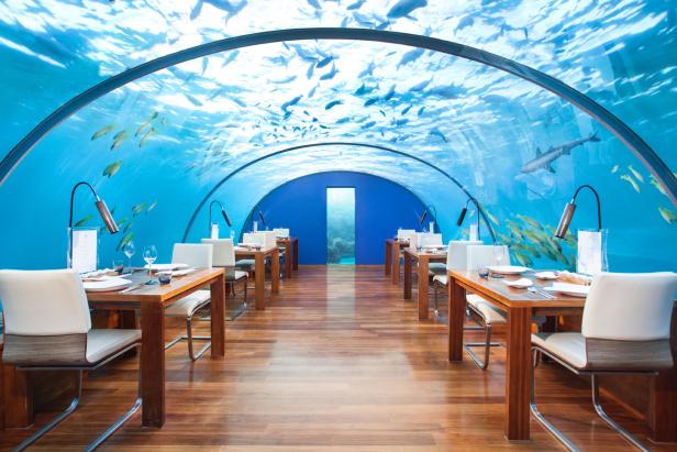 Ein Unterwasserrestaurant mit Tischen und Stühlen unter einem Tunnel voller Fische.