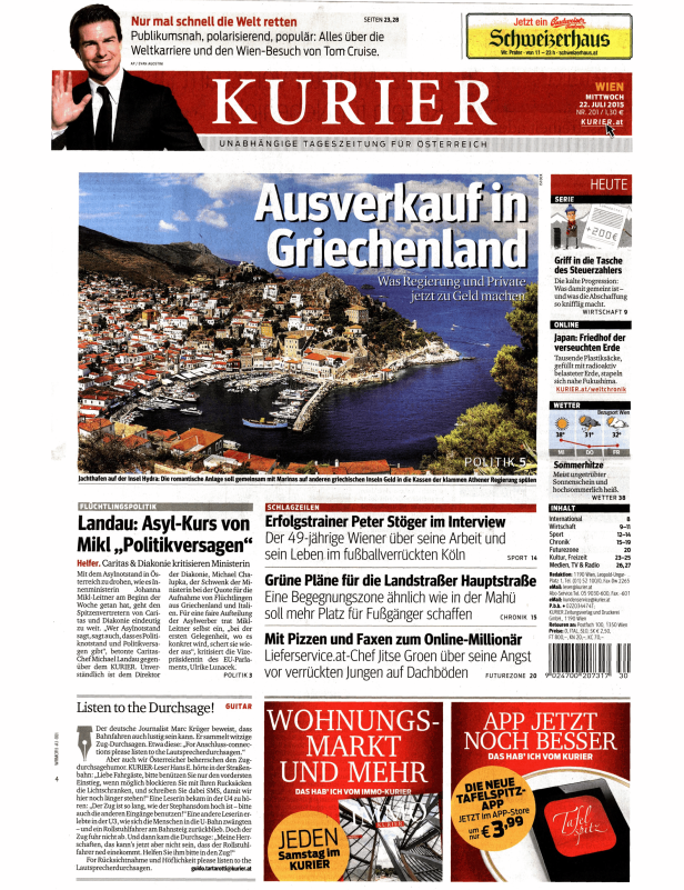 Titelseite des Kurier vom 22. Juli 2015 mit Nachrichten über Griechenland, Politik und Sport.