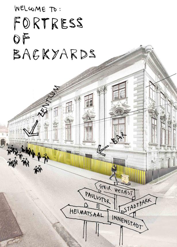 Eine Illustration von „Fortress of Backyards“ mit Hinweisen zu Zentrum, Bar, Steir. Herbst und anderen Orten.