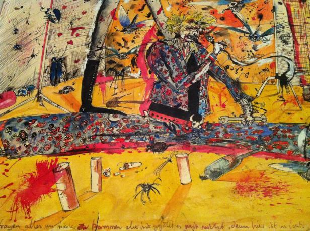 Eine expressive Zeichnung mit einer Figur, Insekten und surrealen Elementen.