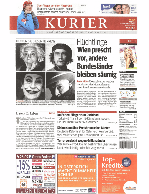 Titelseite der Zeitung „Kurier“ vom 26. September 2014 mit Fotos von Albert Einstein, Che Guevara und Jack Nicholson.
