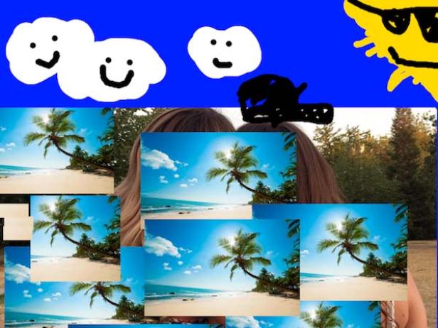 Eine Collage aus Strandbildern mit Palmen, überlagert von einer Person, Wolken und einer Sonne.