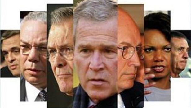 Eine Collage von Porträts verschiedener Politiker, darunter George W. Bush und Colin Powell.