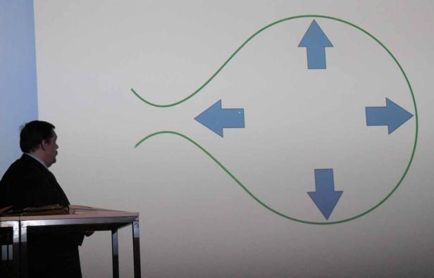 Ein Mann steht vor einer Wand mit einer Zeichnung von Pfeilen in einem Kreis.
