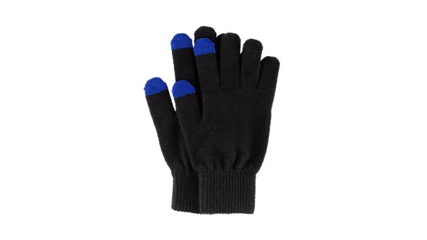 Ein Paar schwarze Handschuhe mit blauen Fingerspitzen liegen auf einem weißen Hintergrund.