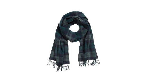 Ein grün-blau karierter Schal mit Fransen liegt auf einem weißen Hintergrund.