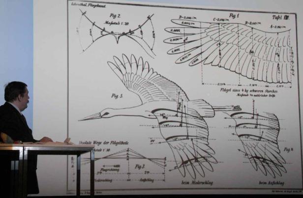 Ein Mann präsentiert eine Tafel mit technischen Zeichnungen zum Flug eines Storches.