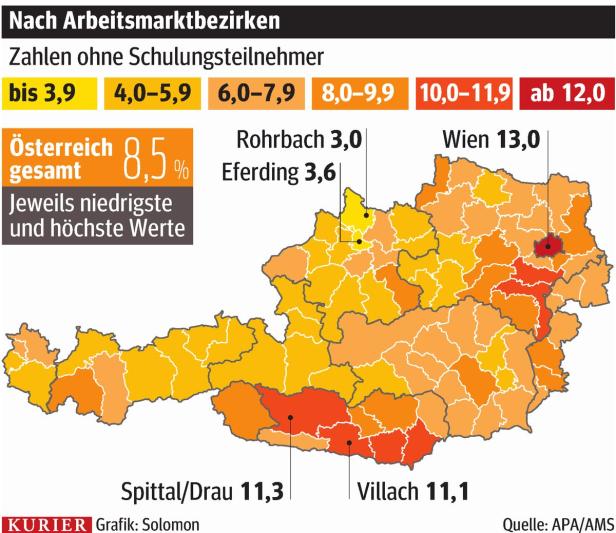 Höchste Arbeitslosigkeit in Wien und Spittal an der Drau