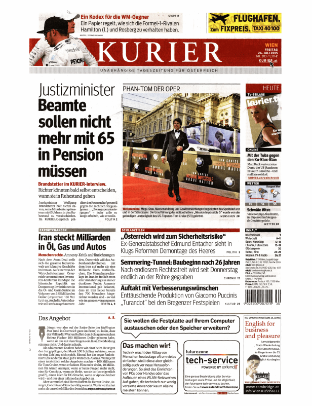 Titelseite des Kurier vom 24. Juli 2015 mit Artikeln über Politik, Wirtschaft und Kultur.