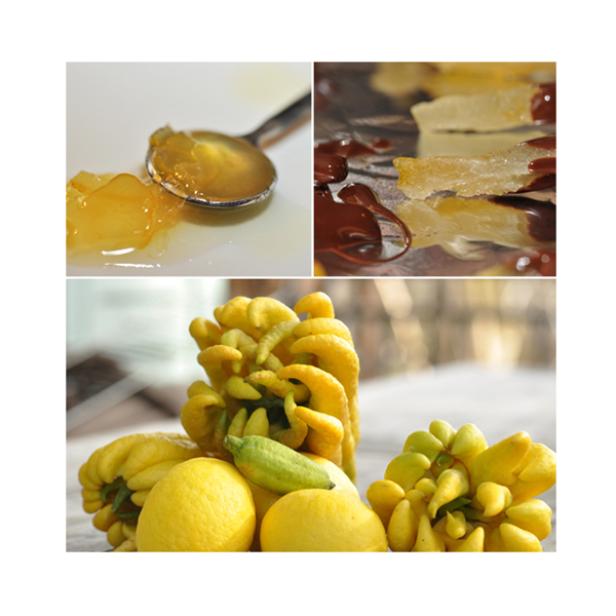 Ein Stillleben mit Zitronatzitronen, Zitronenmarmelade und kandierten Zitronenschalen mit Schokolade.