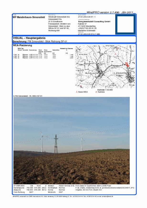 Eine Visualisierung von Windkraftanlagen bei Simonsfeld mit topografischer Karte und Foto der Anlagen.