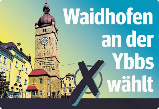 Wahlplakat für Waidschofen an der Ybbs mit Stadtturm und Wahlsymbol.