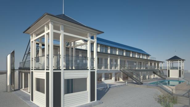 Ein modernes, mehrstöckiges Gebäude mit Pool und Außentreppe unter blauem Himmel.