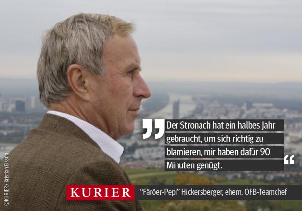 „Färöer-Pepi“ Hickersberger, ehemaliger ÖFB-Teamchef, im Profil vor einer Stadtlandschaft.