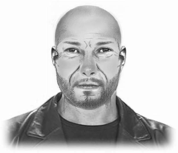 Eine Schwarz-Weiß-Zeichnung eines Mannes mit Bart und Lederjacke.