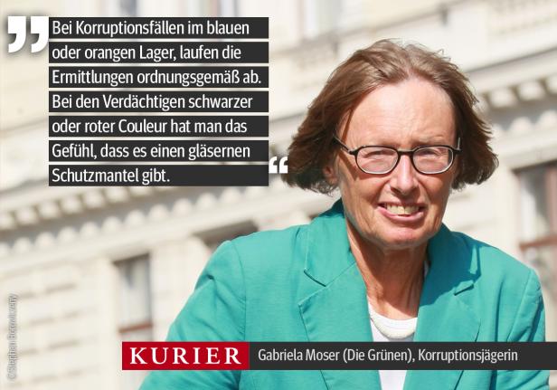 Porträt von Gabriela Moser (Die Grünen), Korruptionsjägerin, vor einem Gebäude.