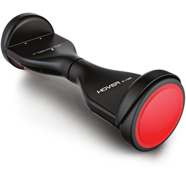 Ein schwarzes Hoverboard mit roten Akzenten liegt auf einer weißen Oberfläche.