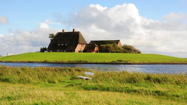 Ein reetgedecktes Haus auf einer grünen Anhöhe am Wasser.