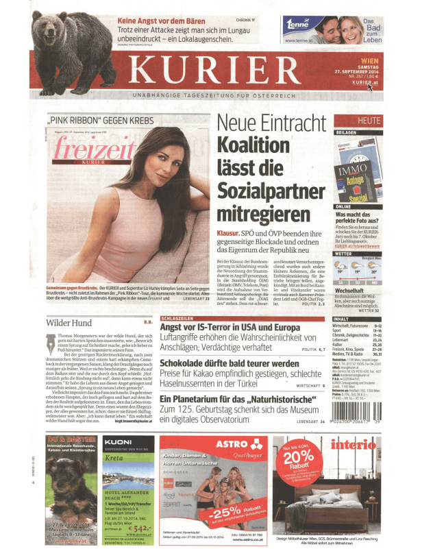 Titelseite des Kurier vom 27. September 2014 mit Artikeln zu verschiedenen Themen.